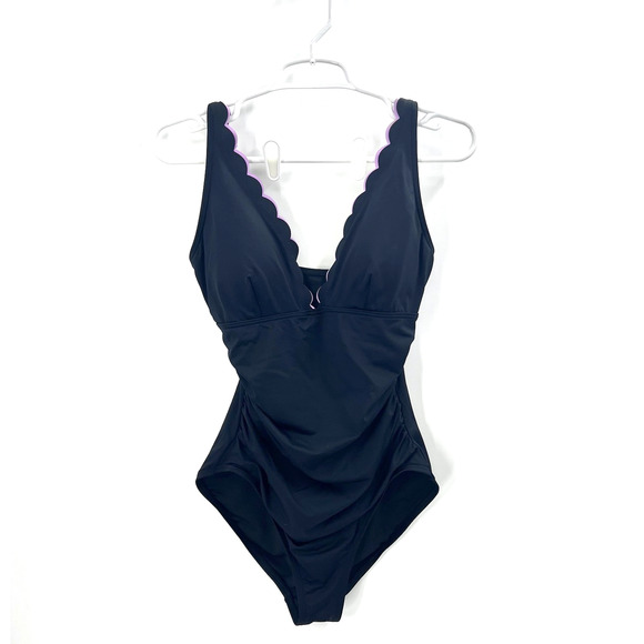Kate Spade Black Scalloped Plunging One Piece Swim Suit Bathing Suit Large - Picture 2 of 9